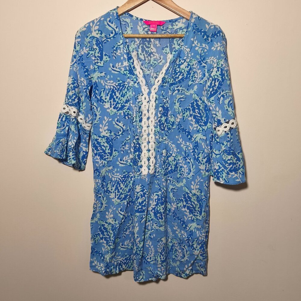 Lilly Pulitzer Hollie Pintuck Lace Flounce Sleeve Tunic Dress sz XS Blue